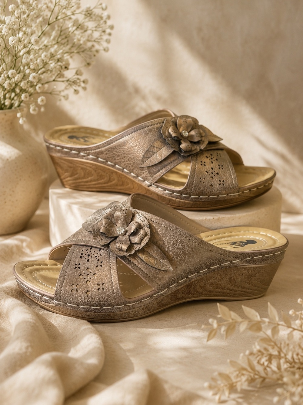 CG Comfort Wedge Slide Sandals Bronze Metallic Floral Cutout Women’s Size 9.5W